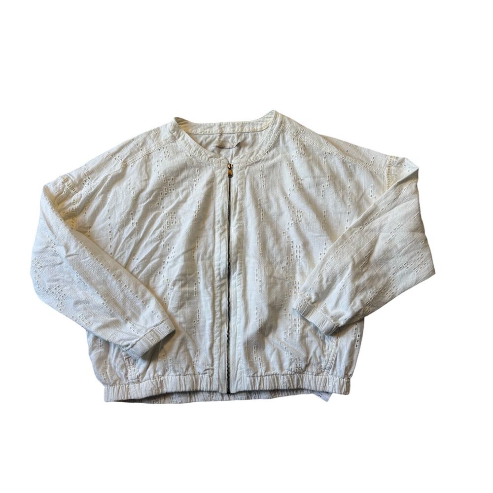 prAna Women's Medium White Organic Cotton Eyelet Full Zip Bomber Jacket Size M